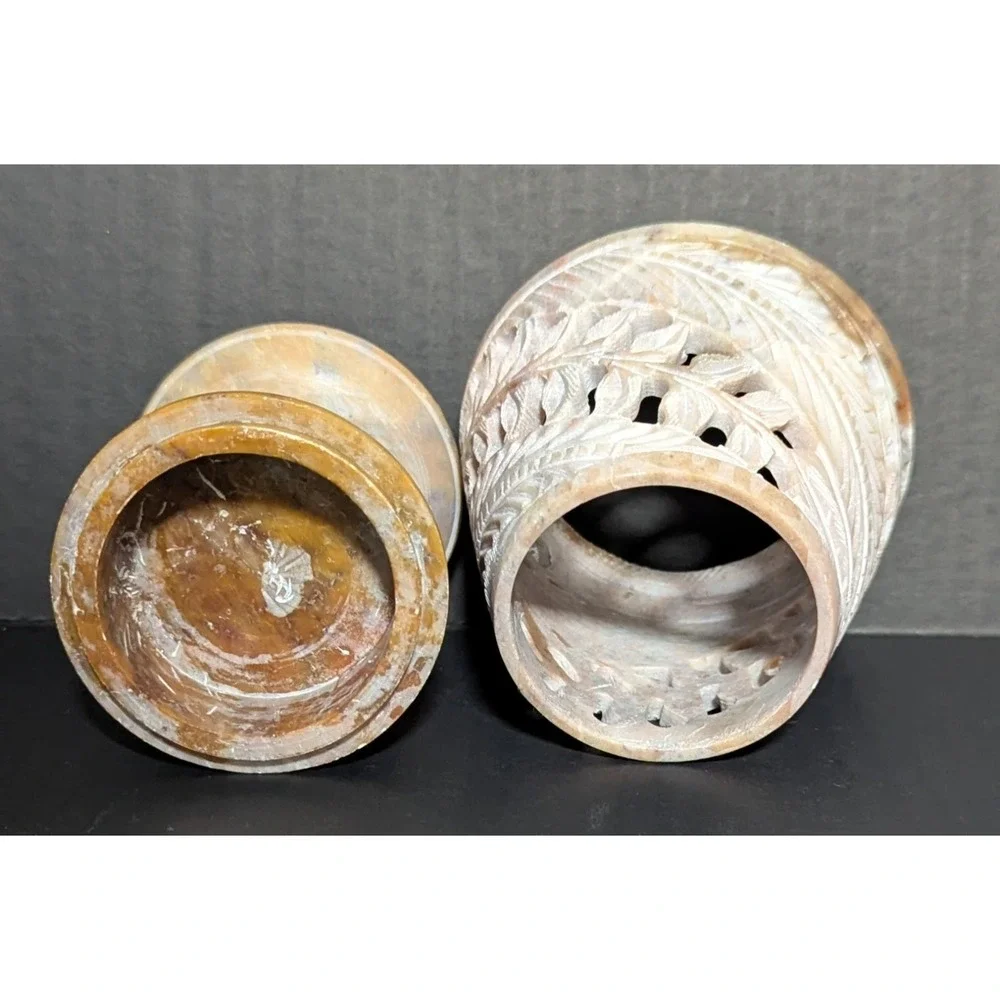 Carved Stone Tealight/Votive Candle‎ Holder and Shade Tones of Browns & Pinks 6